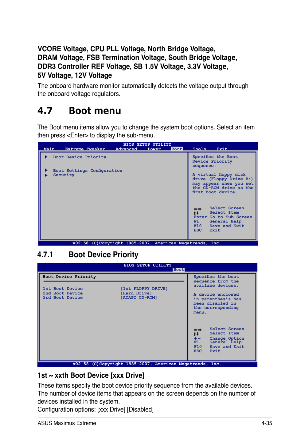 7 boot menu, 1 boot device priority, 1st ~ xxth boot device [xxx drive | Asus Maximus Extreme User Manual | Page 113 / 196