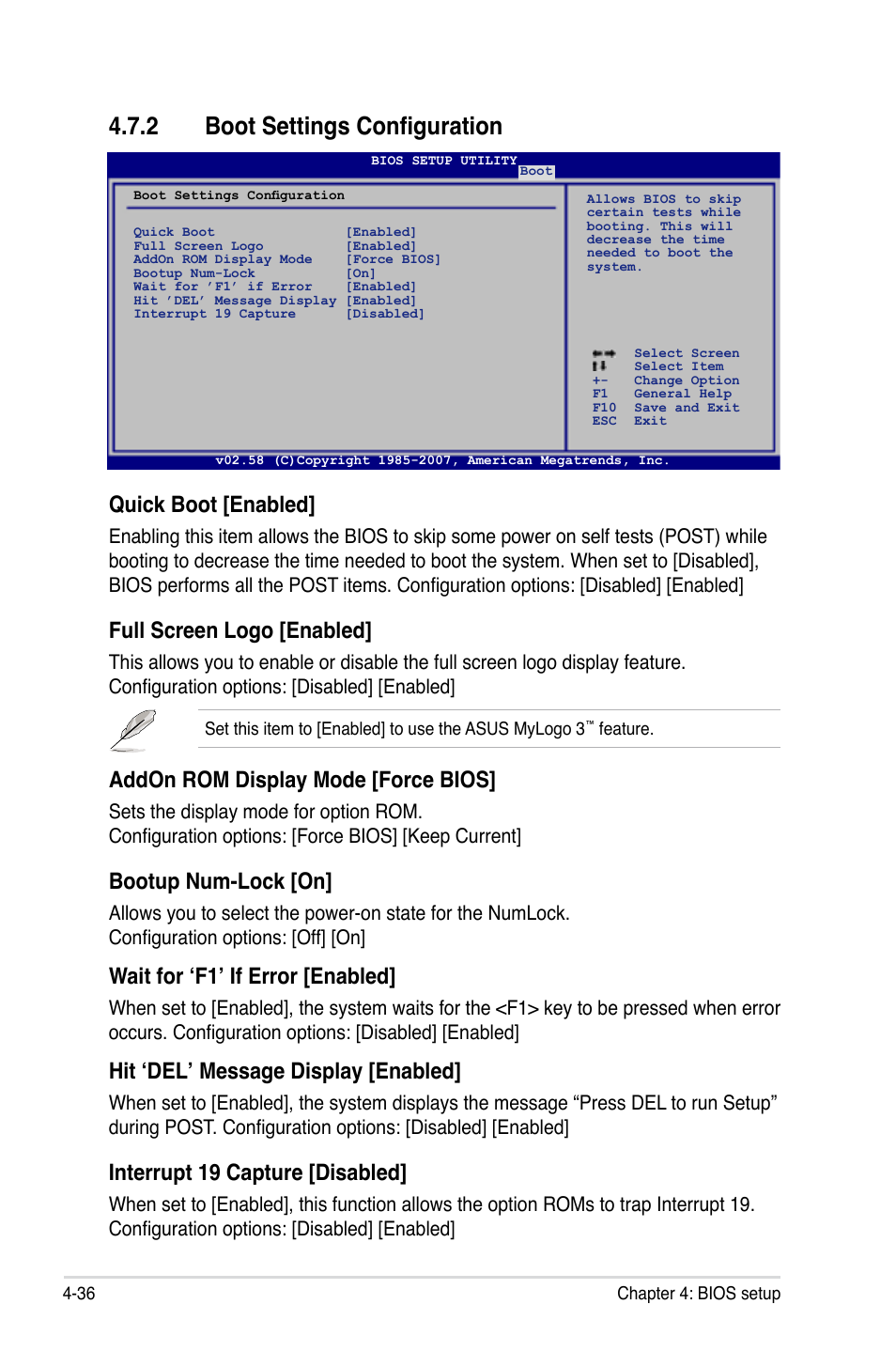 2 boot settings configuration, Quick boot [enabled, Full screen logo [enabled | Addon rom display mode [force bios, Bootup num-lock [on, Wait for ‘f1’ if error [enabled, Hit ‘del’ message display [enabled, Interrupt 19 capture [disabled | Asus Maximus Extreme User Manual | Page 114 / 196