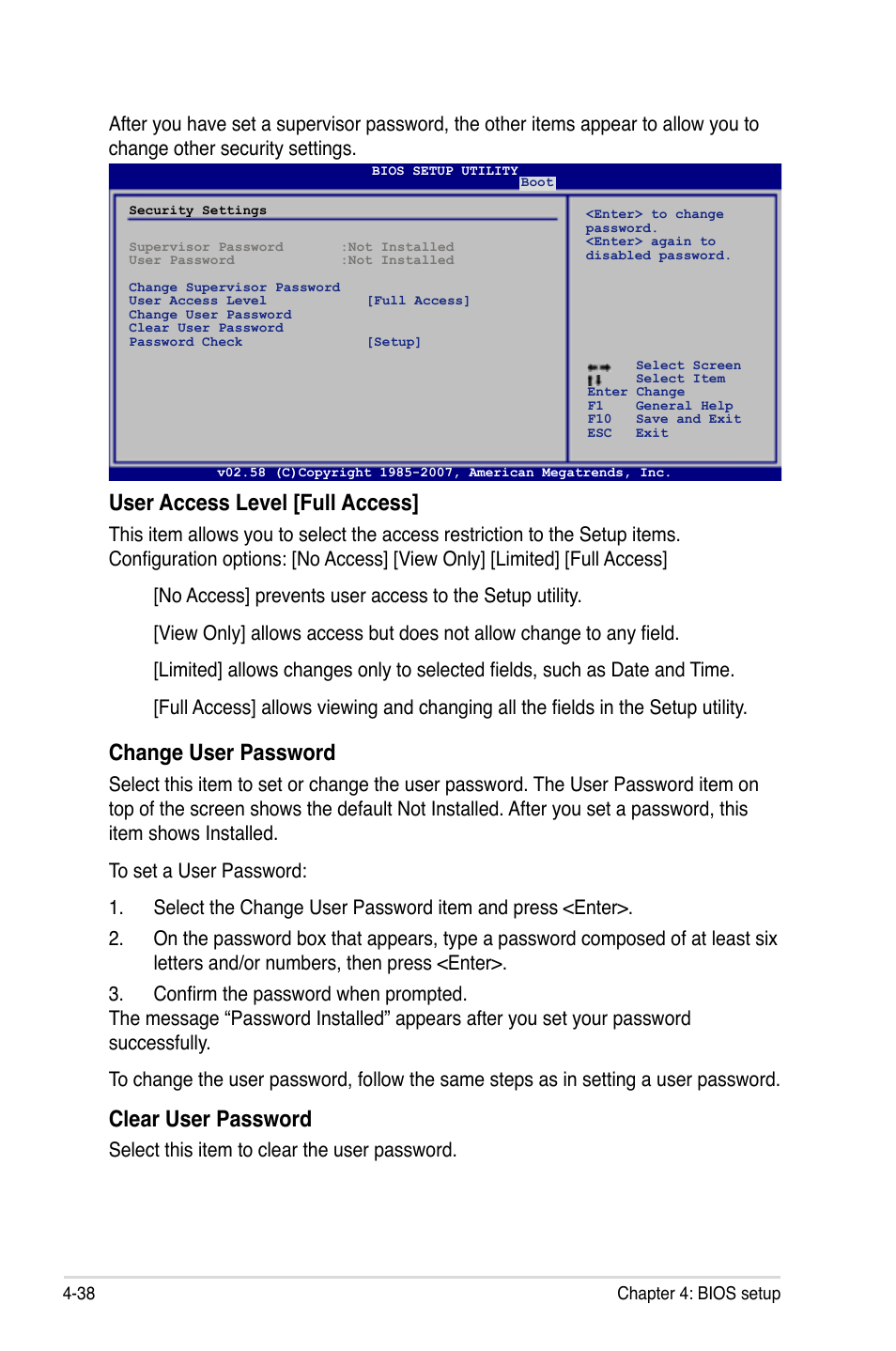 User access level [full access, Change user password, Clear user password | Select this item to clear the user password | Asus Maximus Extreme User Manual | Page 116 / 196