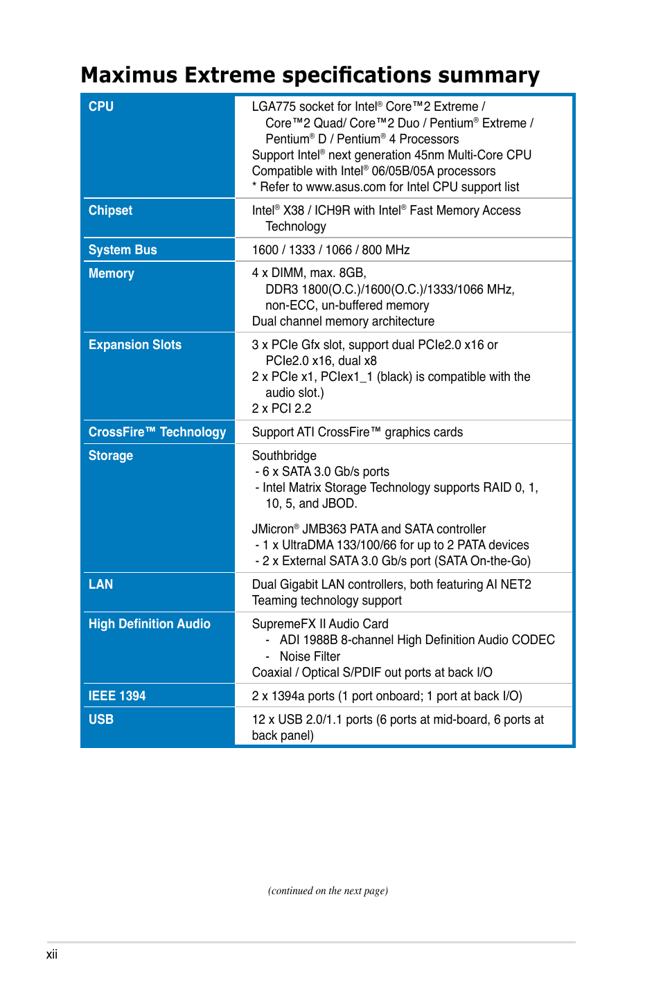 Maximus extreme specifications summary | Asus Maximus Extreme User Manual | Page 12 / 196