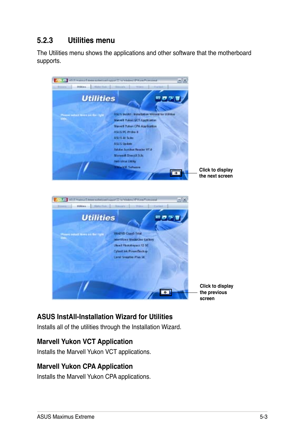 3 utilities menu, Asus install-installation wizard for utilities, Marvell yukon vct application | Marvell yukon cpa application | Asus Maximus Extreme User Manual | Page 125 / 196