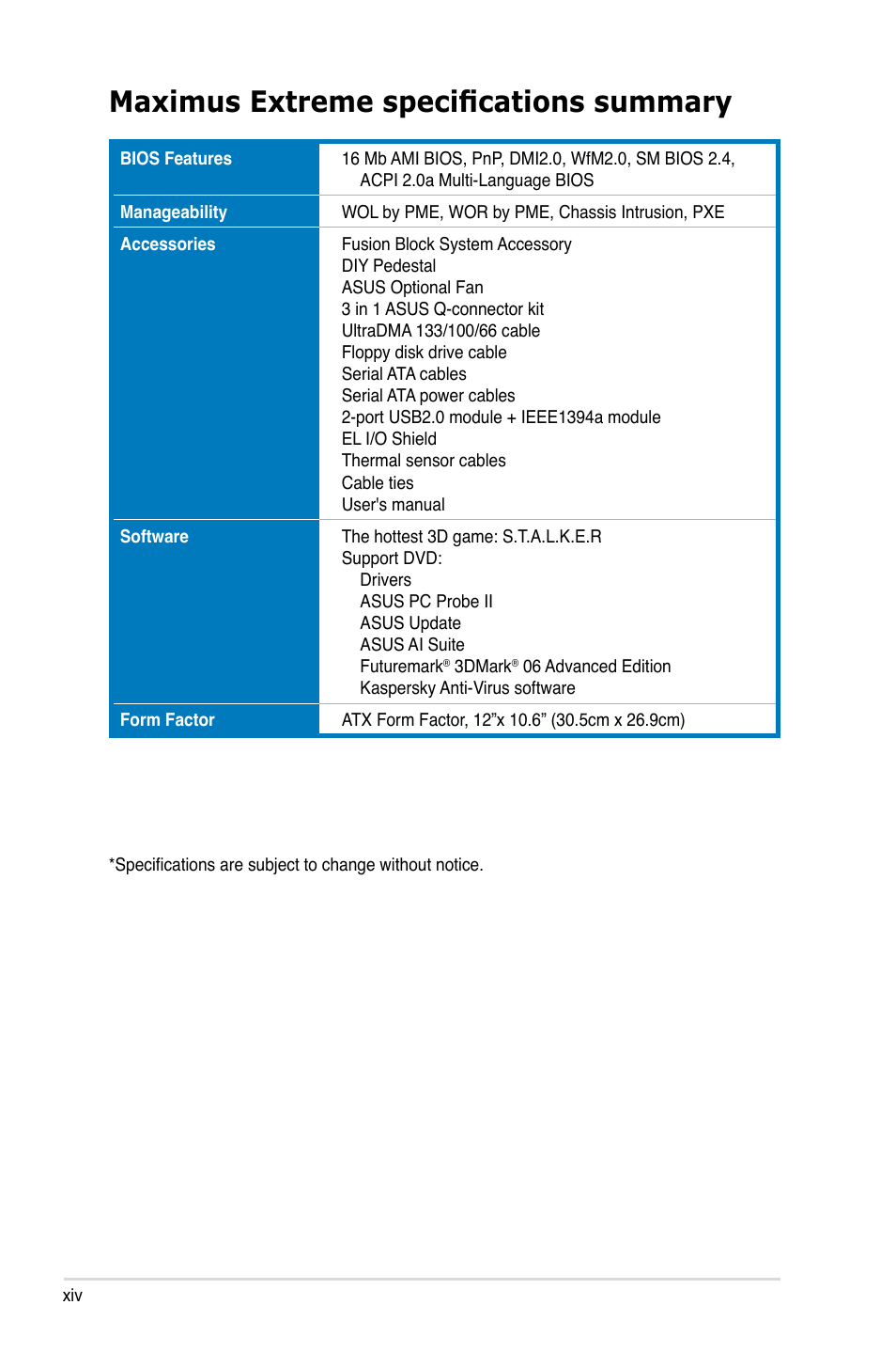 Maximus extreme specifications summary | Asus Maximus Extreme User Manual | Page 14 / 196