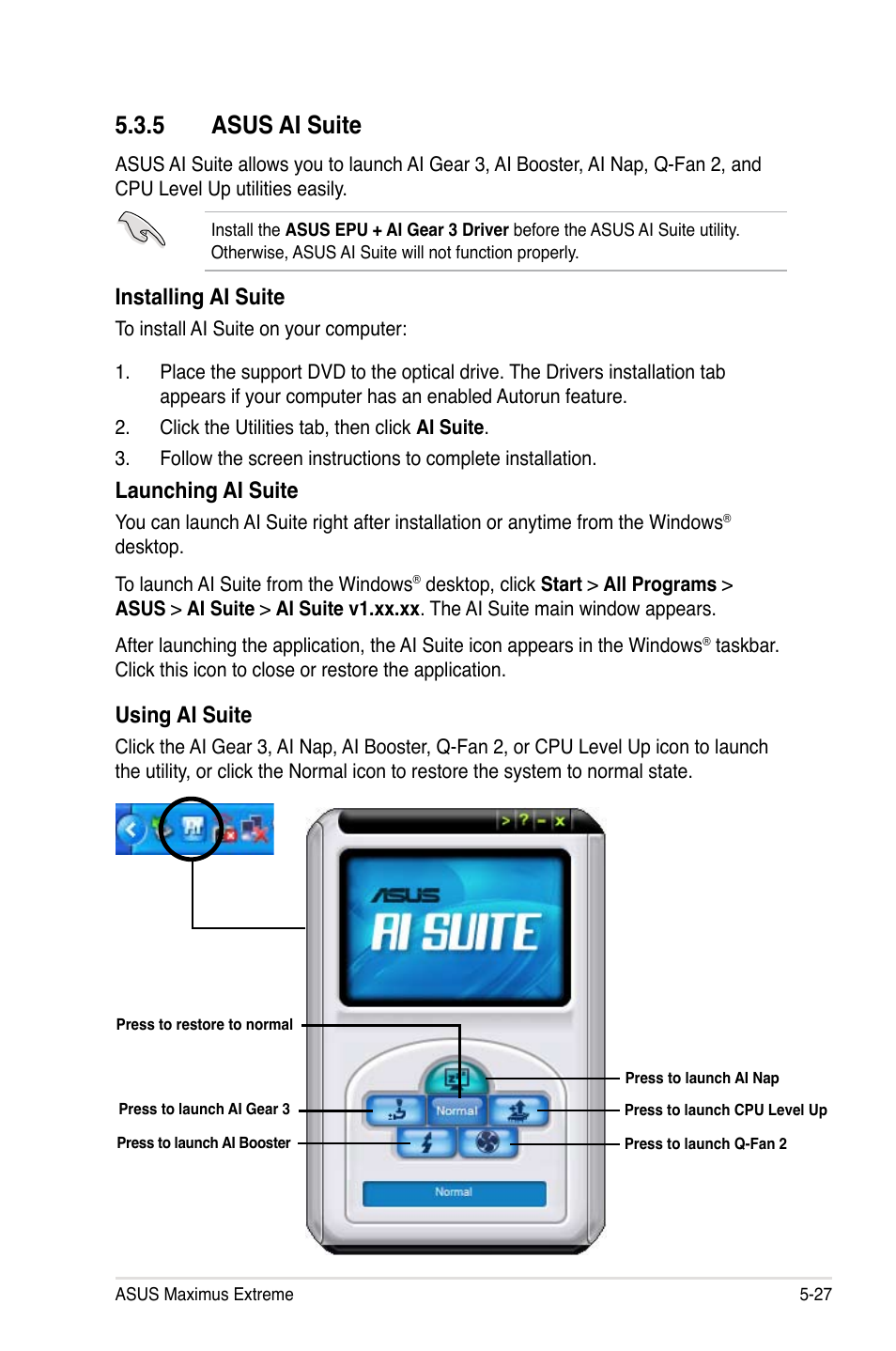 5 asus ai suite, Installing ai suite, Launching ai suite | Using ai suite | Asus Maximus Extreme User Manual | Page 149 / 196