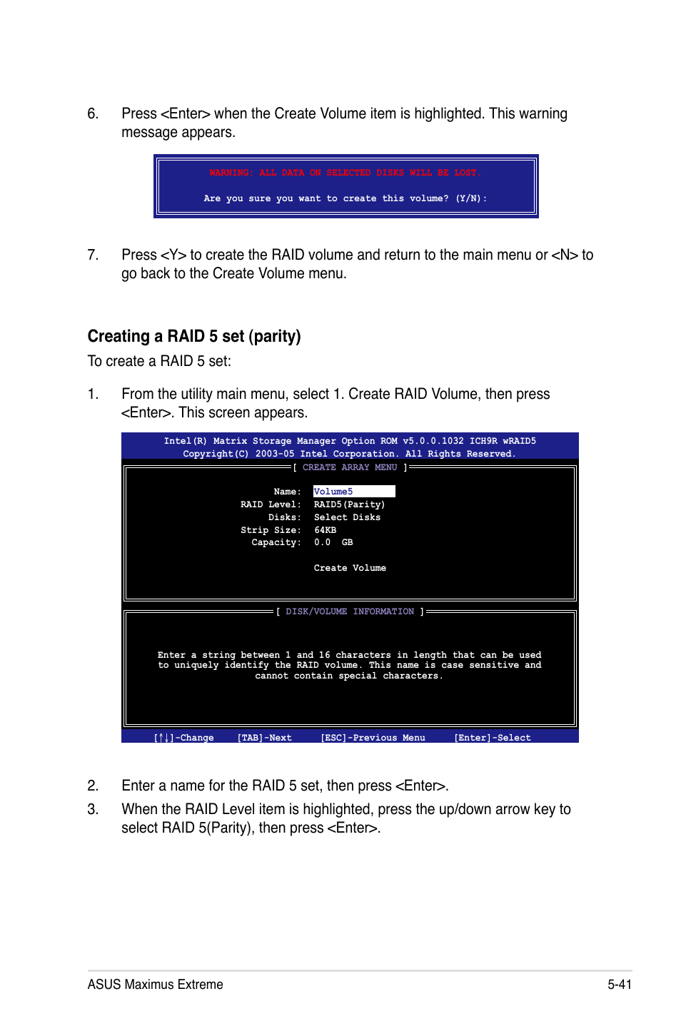 Creating a raid 5 set (parity) | Asus Maximus Extreme User Manual | Page 163 / 196