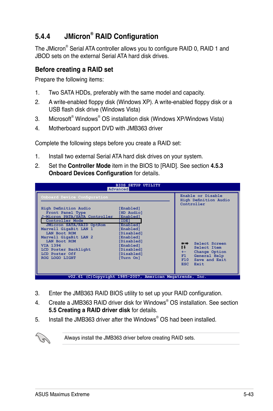 4 jmicron, Raid configuration, Before creating a raid set | The jmicron, Windows, Os had been installed | Asus Maximus Extreme User Manual | Page 165 / 196