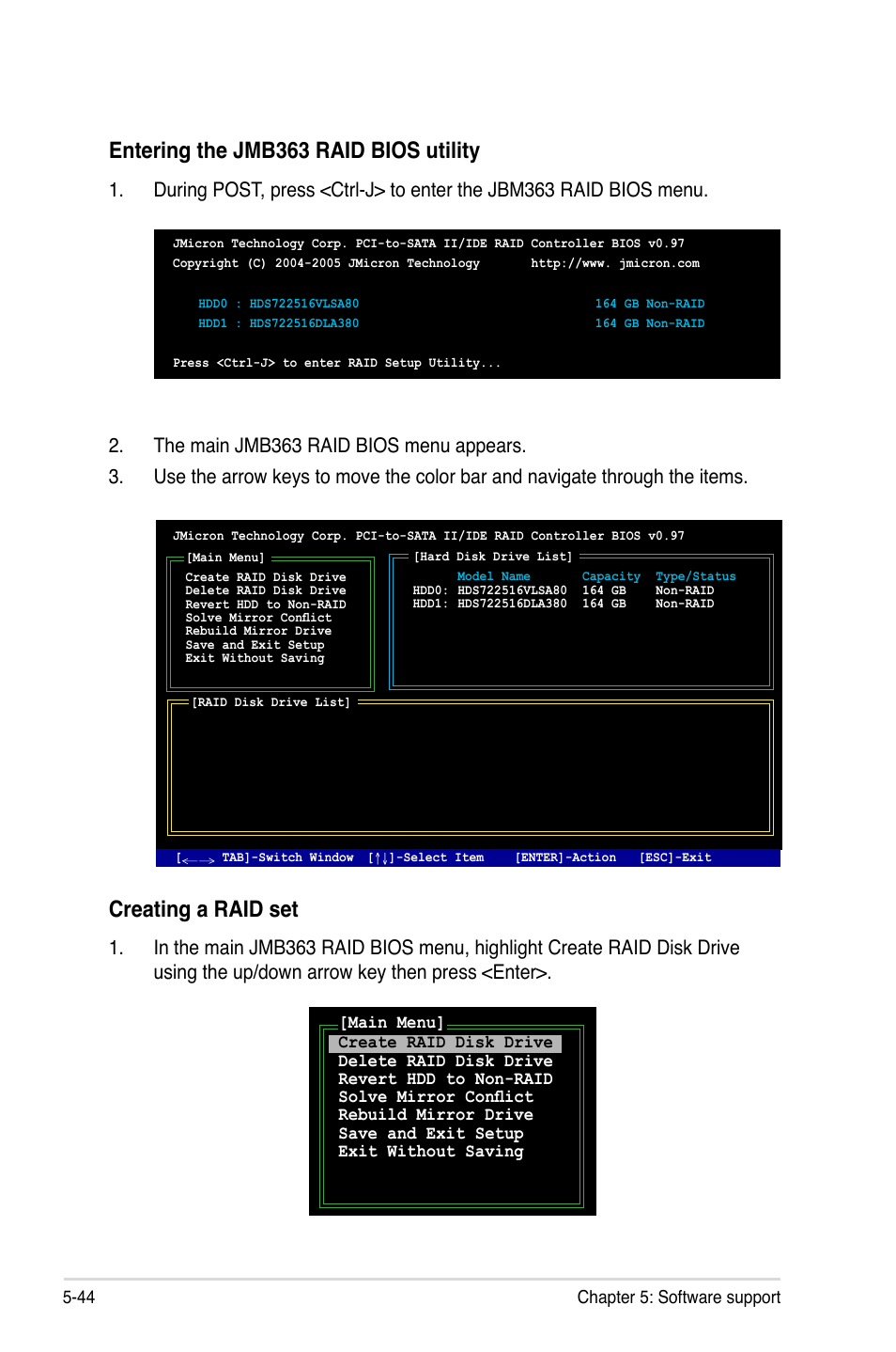 Entering the jmb363 raid bios utility, Creating a raid set | Asus Maximus Extreme User Manual | Page 166 / 196