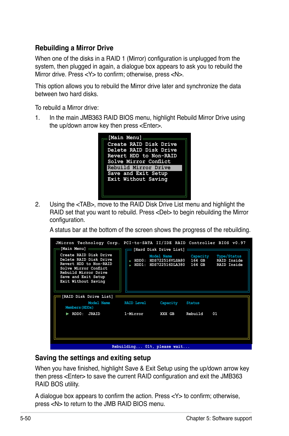 Saving the settings and exiting setup, Rebuilding a mirror drive | Asus Maximus Extreme User Manual | Page 172 / 196