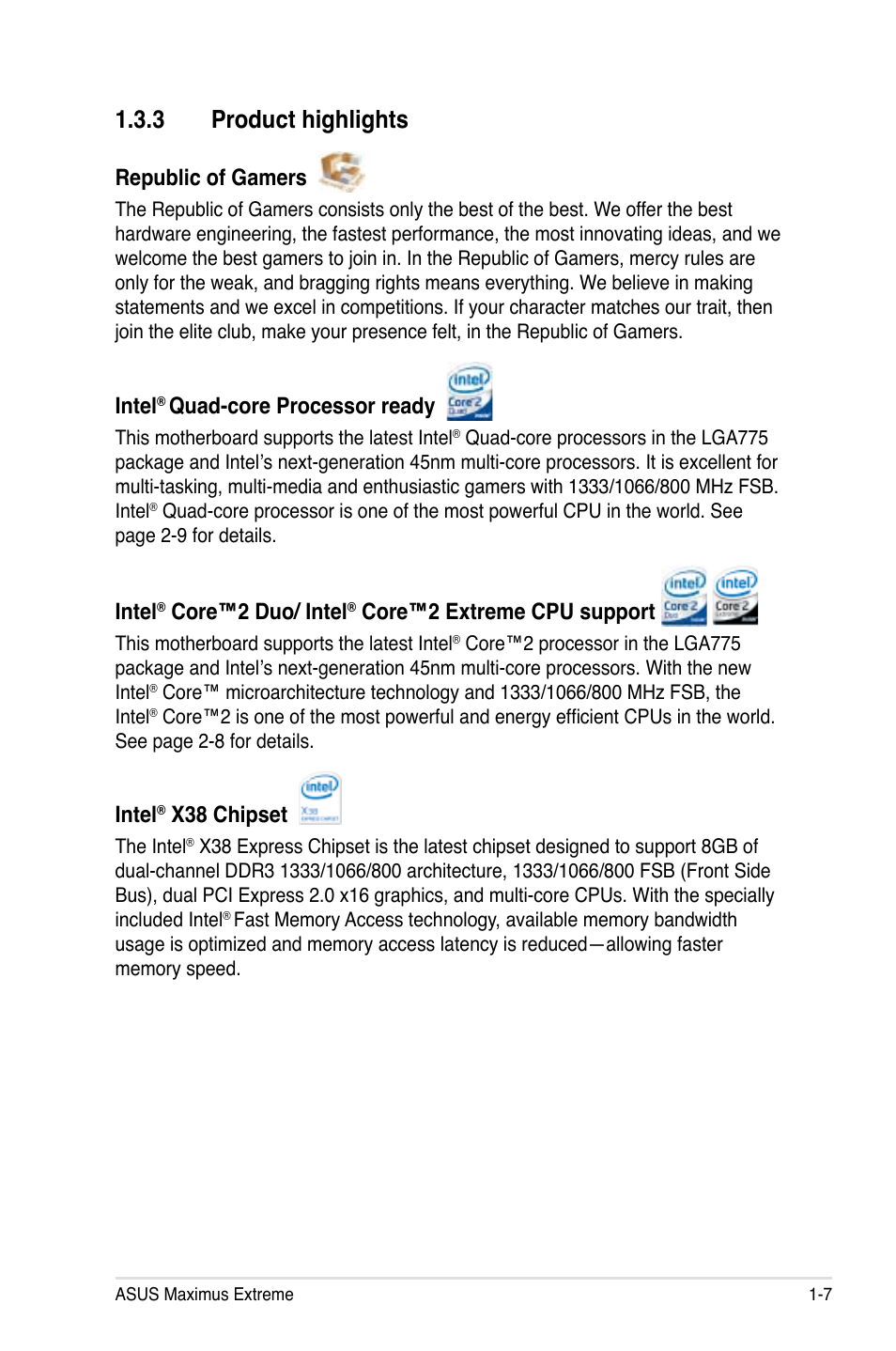 3 product highlights, Republic of gamers, Intel | Quad-core processor ready, Core™2 duo/ intel, Core™2 extreme cpu support, X38 chipset | Asus Maximus Extreme User Manual | Page 23 / 196