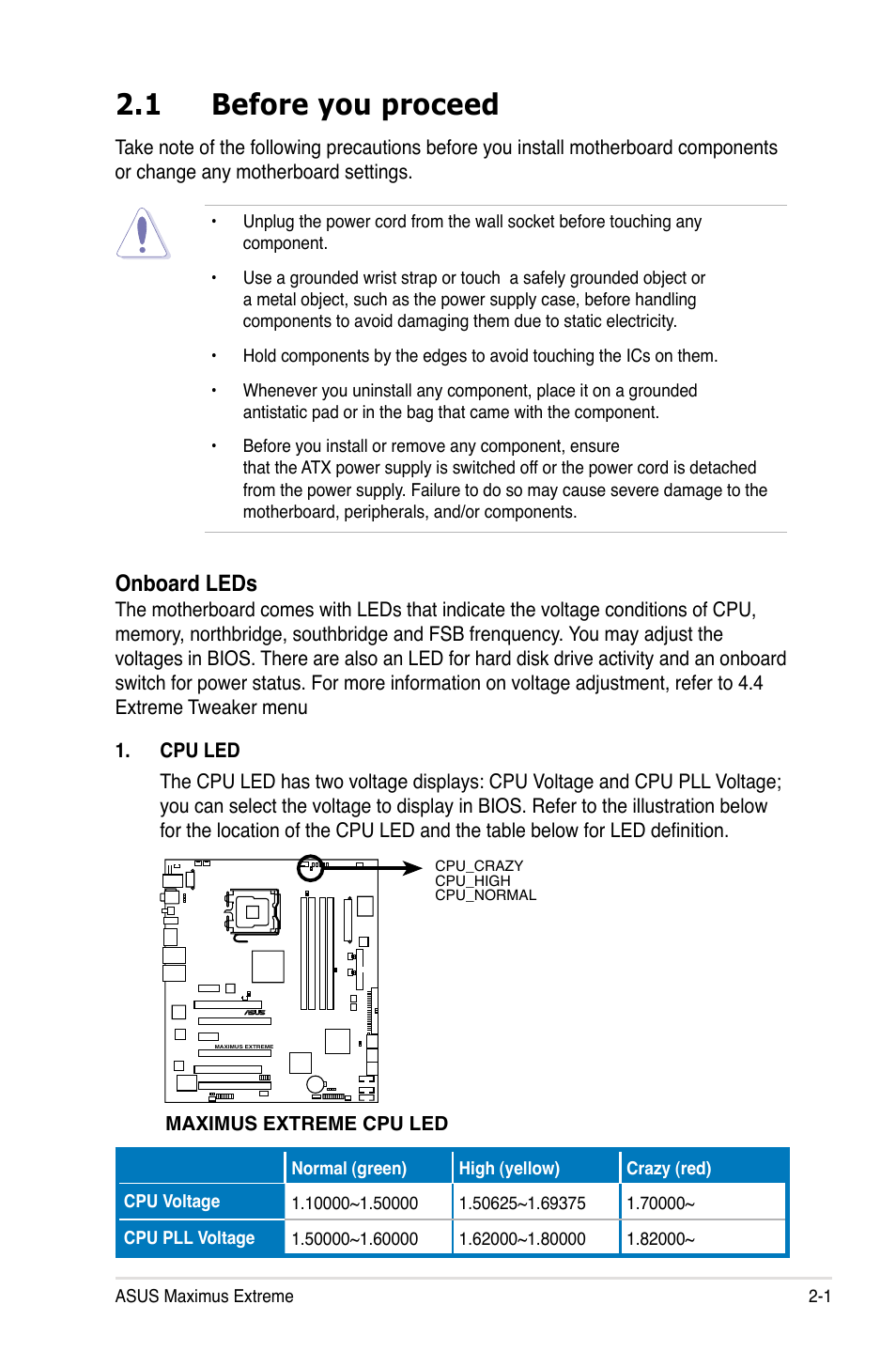 1 before you proceed, Onboard leds | Asus Maximus Extreme User Manual | Page 29 / 196