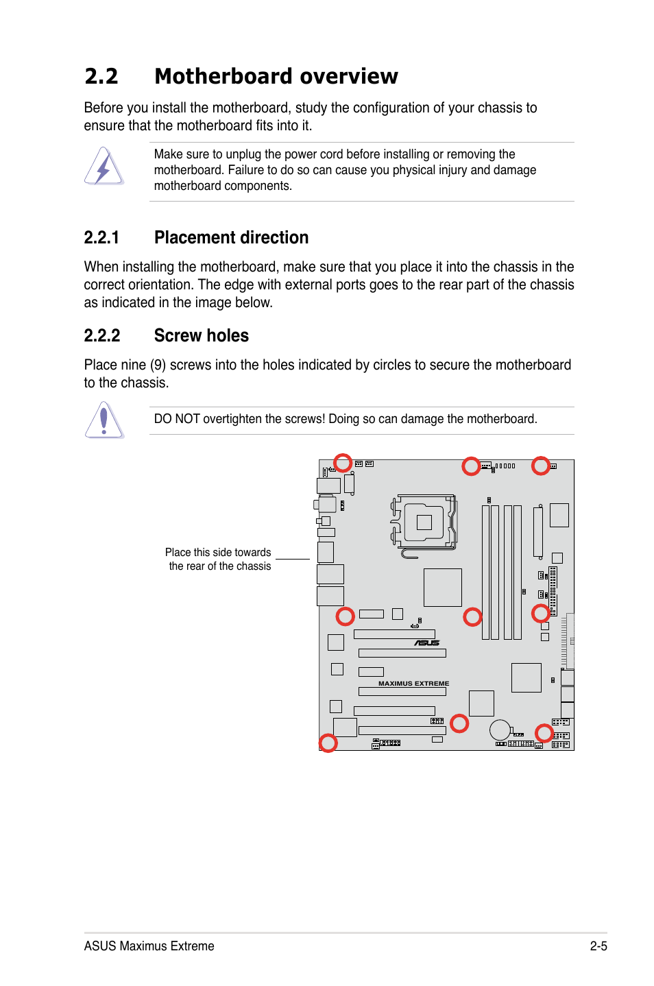 2 motherboard overview, 1 placement direction, 2 screw holes | Asus Maximus Extreme User Manual | Page 33 / 196