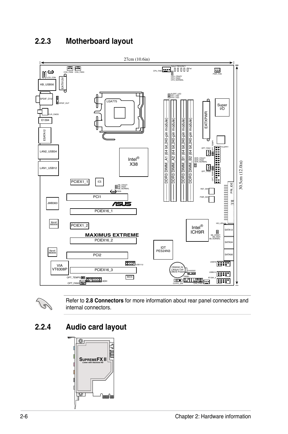 3 motherboard layout, 4 audio card layout, 6 chapter 2: hardware information | Maximus extreme, Intel, Ich9r | Asus Maximus Extreme User Manual | Page 34 / 196