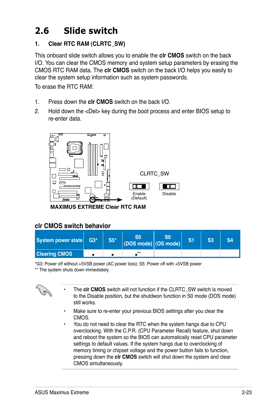 6 slide switch, Clr cmos switch behavior | Asus Maximus Extreme User Manual | Page 51 / 196