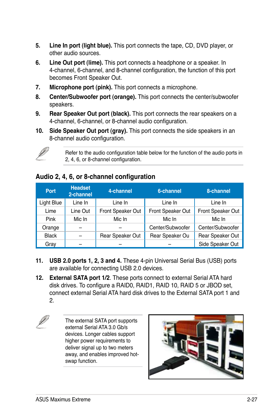 Audio 2, 4, 6, or 8-channel configuration | Asus Maximus Extreme User Manual | Page 55 / 196