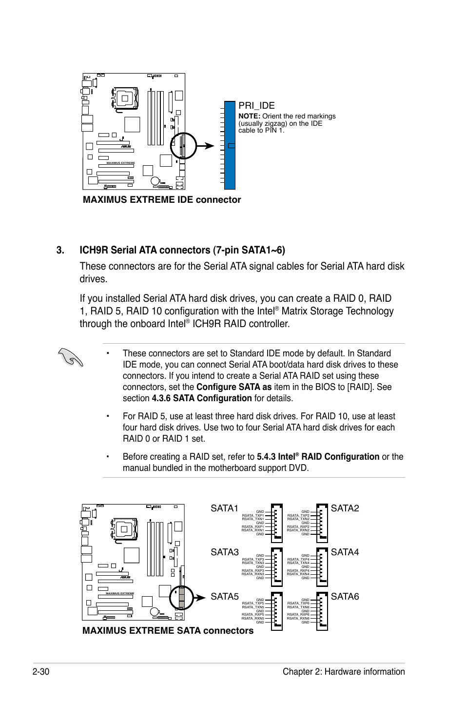 Ich9r raid controller, 30 chapter 2: hardware information, Maximus extreme ide connector | Pri_ide, Maximus extreme sata connectors, Sata1, Sata2, Sata3, Sata4, Sata5 | Asus Maximus Extreme User Manual | Page 58 / 196