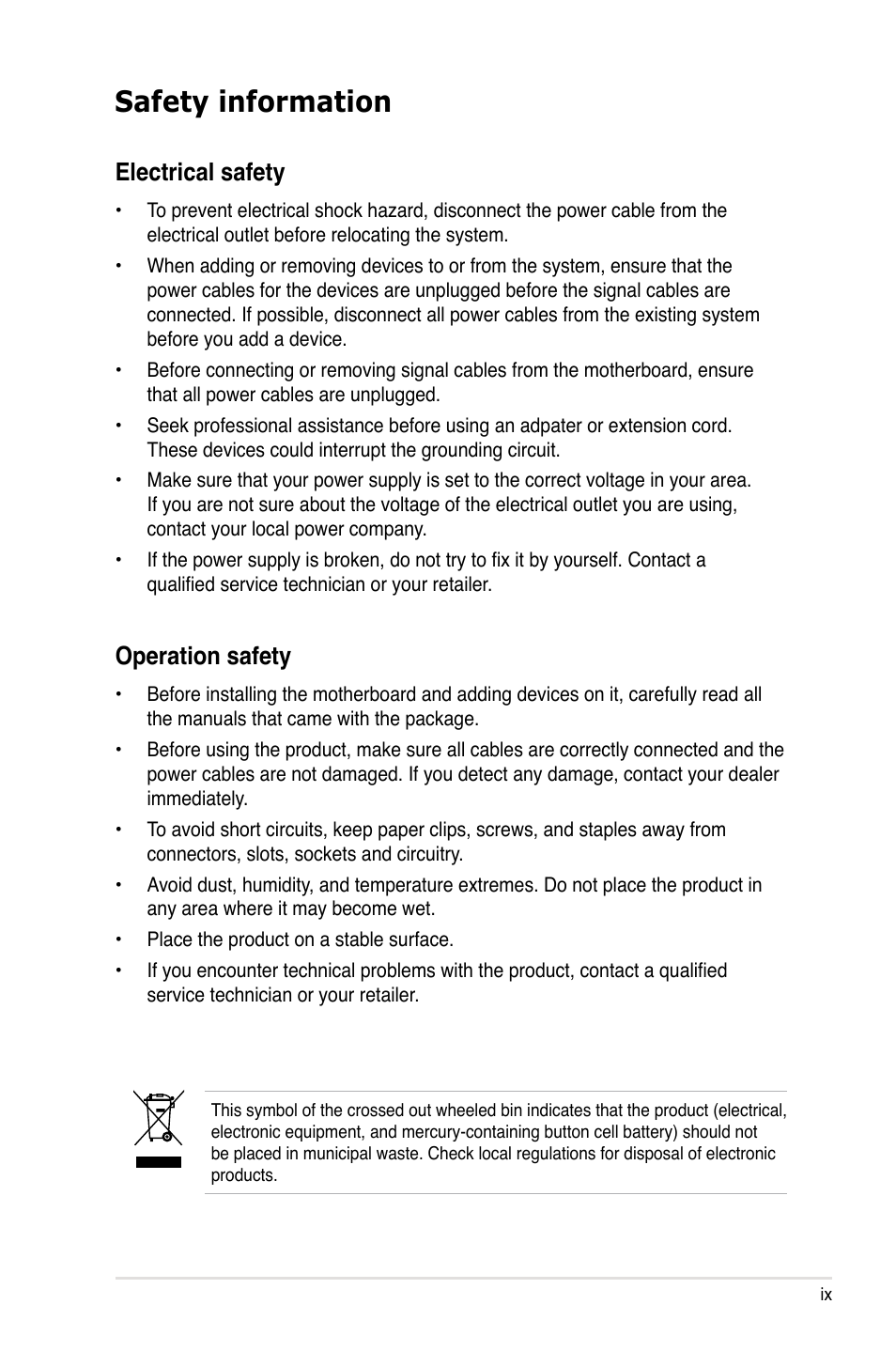 Safety information, Electrical safety, Operation safety | Asus Maximus Extreme User Manual | Page 9 / 196