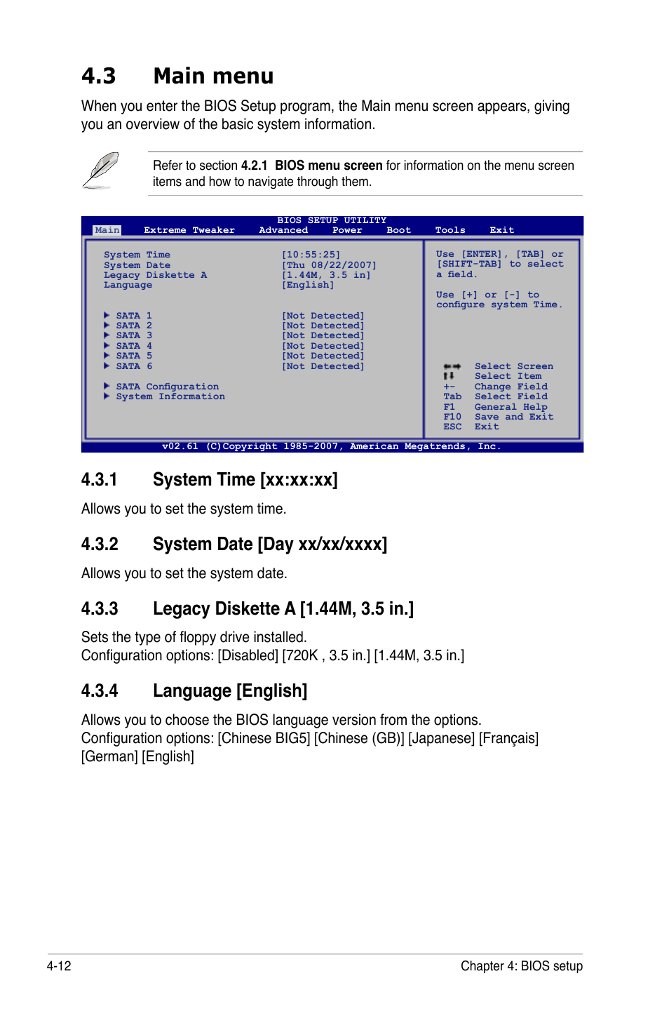 3 main menu, 1 system time [xx:xx:xx, 4 language [english | Allows you to set the system time, Allows you to set the system date | Asus Maximus Extreme User Manual | Page 90 / 196