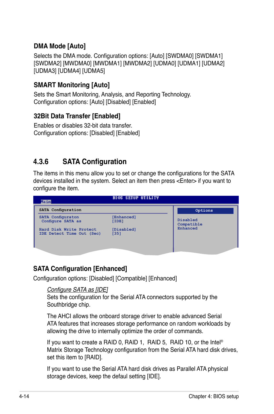 6 sata configuration, Dma mode [auto, Smart monitoring [auto | 32bit data transfer [enabled, Sata configuration [enhanced | Asus Maximus Extreme User Manual | Page 92 / 196