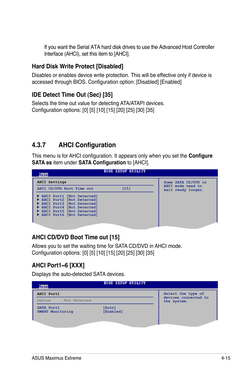 7 ahci configuration, Hard disk write protect [disabled, Ide detect time out (sec) [35 | Ahci cd/dvd boot time out [15, Ahci port1~6 [xxx, Displays the auto-detected sata devices | Asus Maximus Extreme User Manual | Page 93 / 196