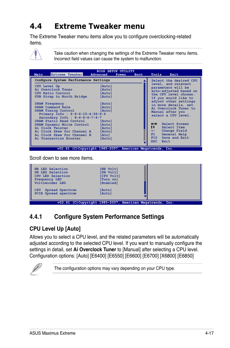 4 extreme tweaker menu, 1 configure system performance settings, Cpu level up [auto | Scroll down to see more items, Asus maximus extreme 4-17 | Asus Maximus Extreme User Manual | Page 95 / 196