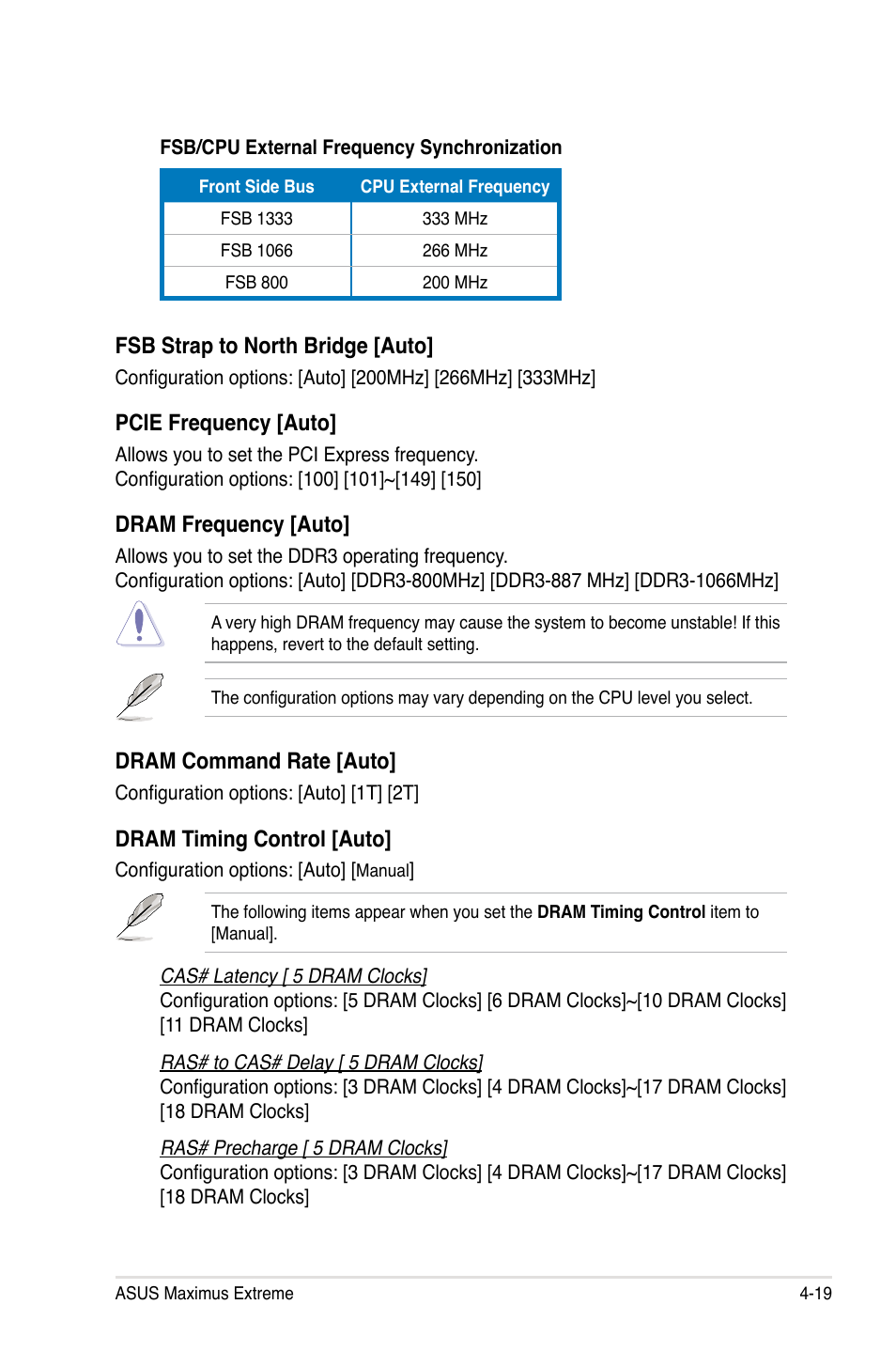 Fsb strap to north bridge [auto, Pcie frequency [auto, Dram frequency [auto | Dram command rate [auto, Dram timing control [auto | Asus Maximus Extreme User Manual | Page 97 / 196