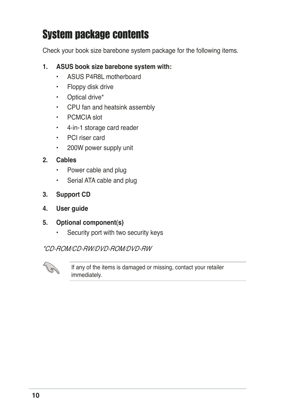 System package contents | Asus Pundit-R User Manual | Page 10 / 94