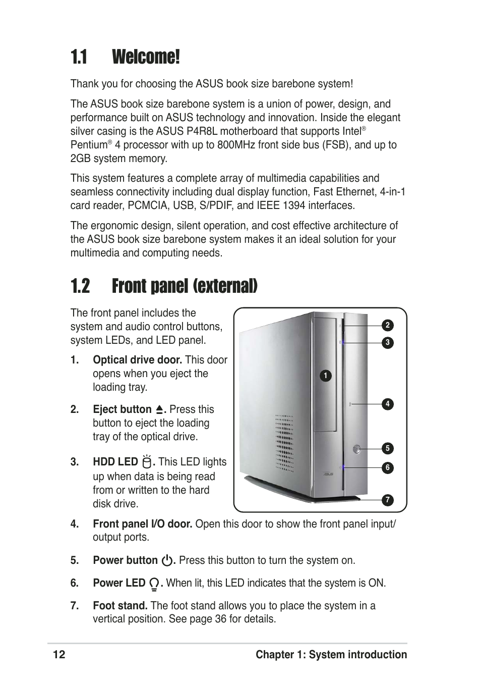 1 welcome, 2 front panel (external) | Asus Pundit-R User Manual | Page 12 / 94