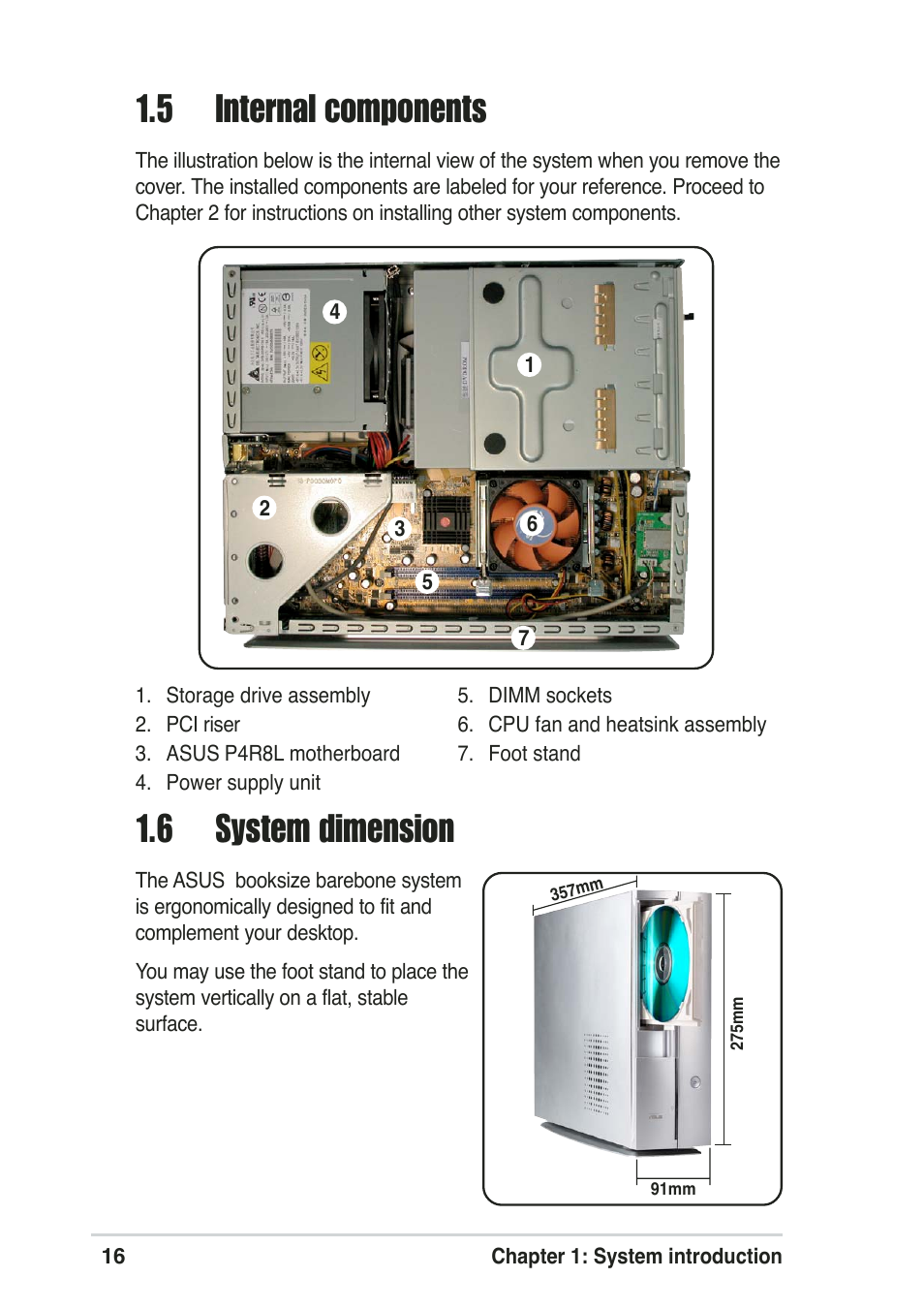 6 system dimension, 5 internal components | Asus Pundit-R User Manual | Page 16 / 94