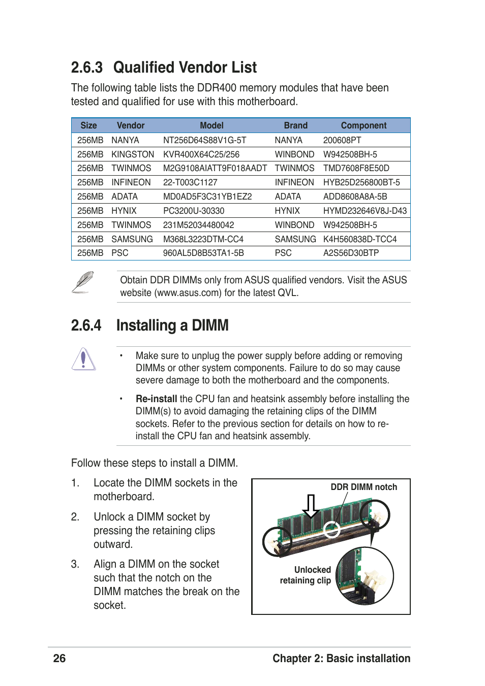 4 installing a dimm, 3 qualified vendor list | Asus Pundit-R User Manual | Page 26 / 94