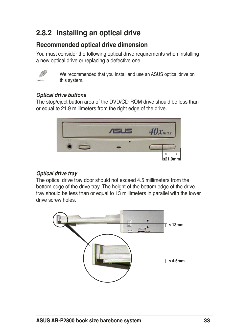 2 installing an optical drive, Recommended optical drive dimension | Asus Pundit-R User Manual | Page 33 / 94