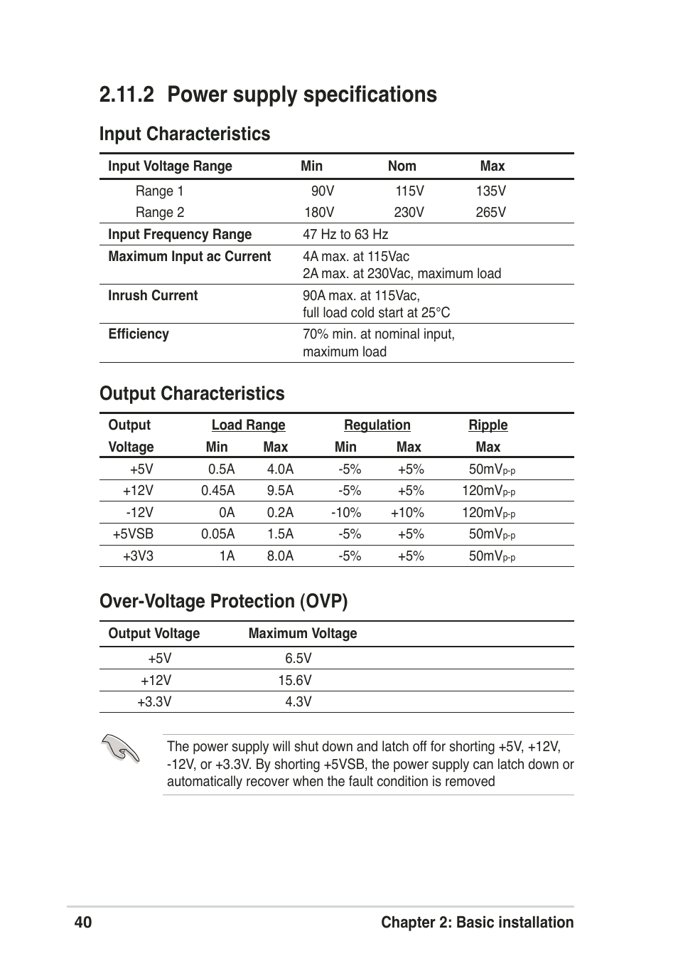 2 power supply specifications, Input characteristics, Output characteristics | Over-voltage protection (ovp) | Asus Pundit-R User Manual | Page 40 / 94