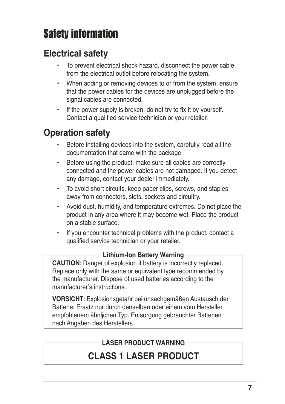 Safety information, Electrical safety, Operation safety | Class 1 laser product | Asus Pundit-R User Manual | Page 7 / 94