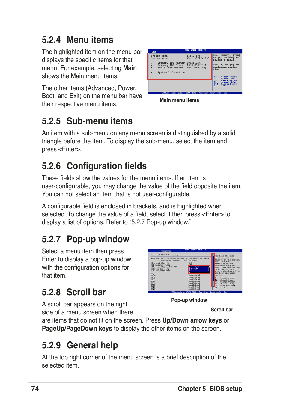 4 menu items, 5 sub-menu items, 6 configuration fields | 7 pop-up window, 8 scroll bar, 9 general help | Asus Pundit-R User Manual | Page 74 / 94