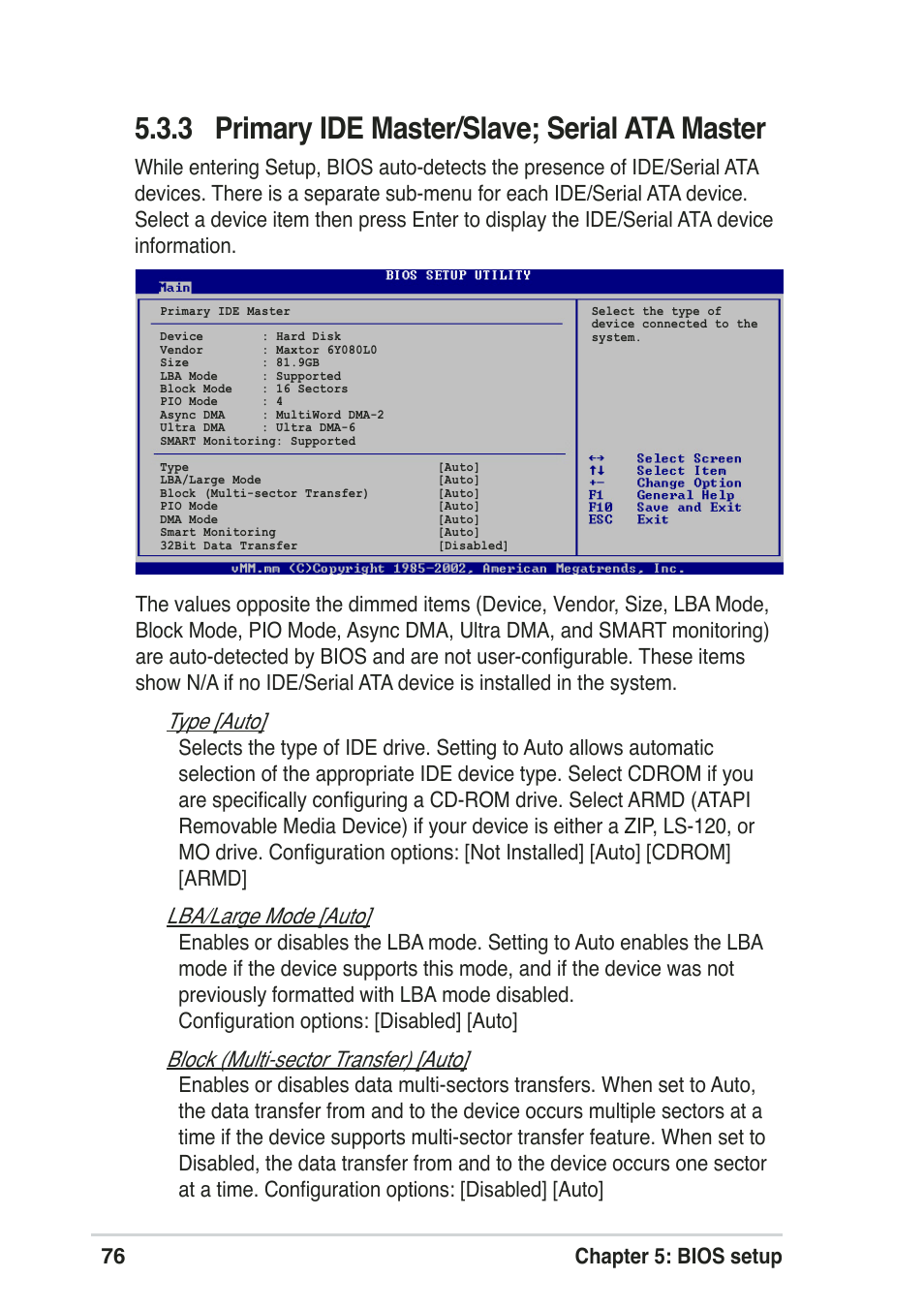 3 primary ide master/slave; serial ata master, 76 chapter 5: bios setup | Asus Pundit-R User Manual | Page 76 / 94