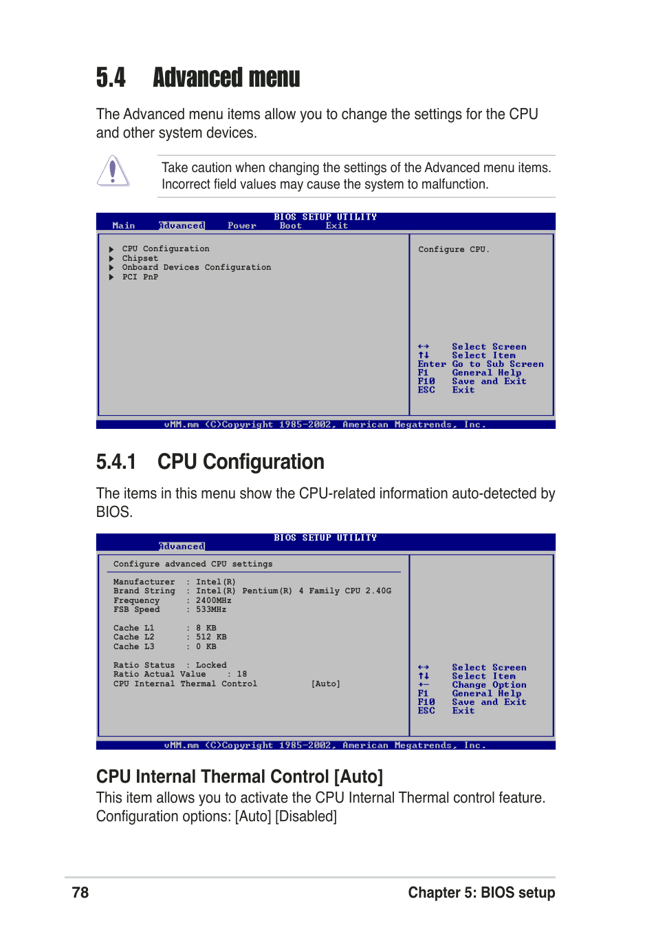 4 advanced menu, 1 cpu configuration, Cpu internal thermal control [auto | Asus Pundit-R User Manual | Page 78 / 94