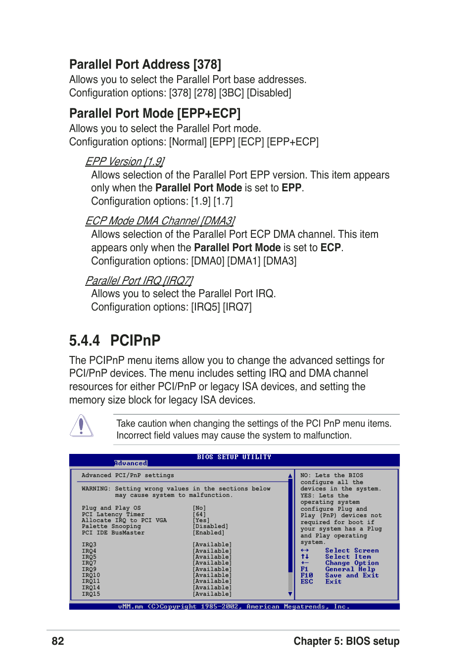 4 pcipnp, Parallel port address [378, Parallel port mode [epp+ecp | 82 chapter 5: bios setup | Asus Pundit-R User Manual | Page 82 / 94