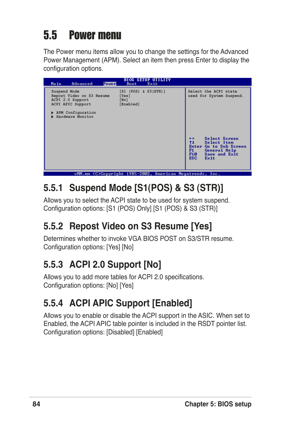 5 power menu, 1 suspend mode [s1(pos) & s3 (str), 2 repost video on s3 resume [yes | 3 acpi 2.0 support [no, 4 acpi apic support [enabled | Asus Pundit-R User Manual | Page 84 / 94