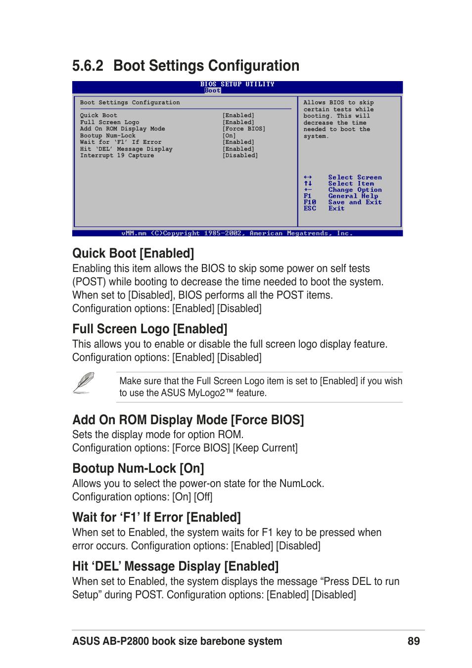 2 boot settings configuration, Add on rom display mode [force bios, Bootup num-lock [on | Wait for ‘f1’ if error [enabled, Hit ‘del’ message display [enabled, Quick boot [enabled, Full screen logo [enabled | Asus Pundit-R User Manual | Page 89 / 94