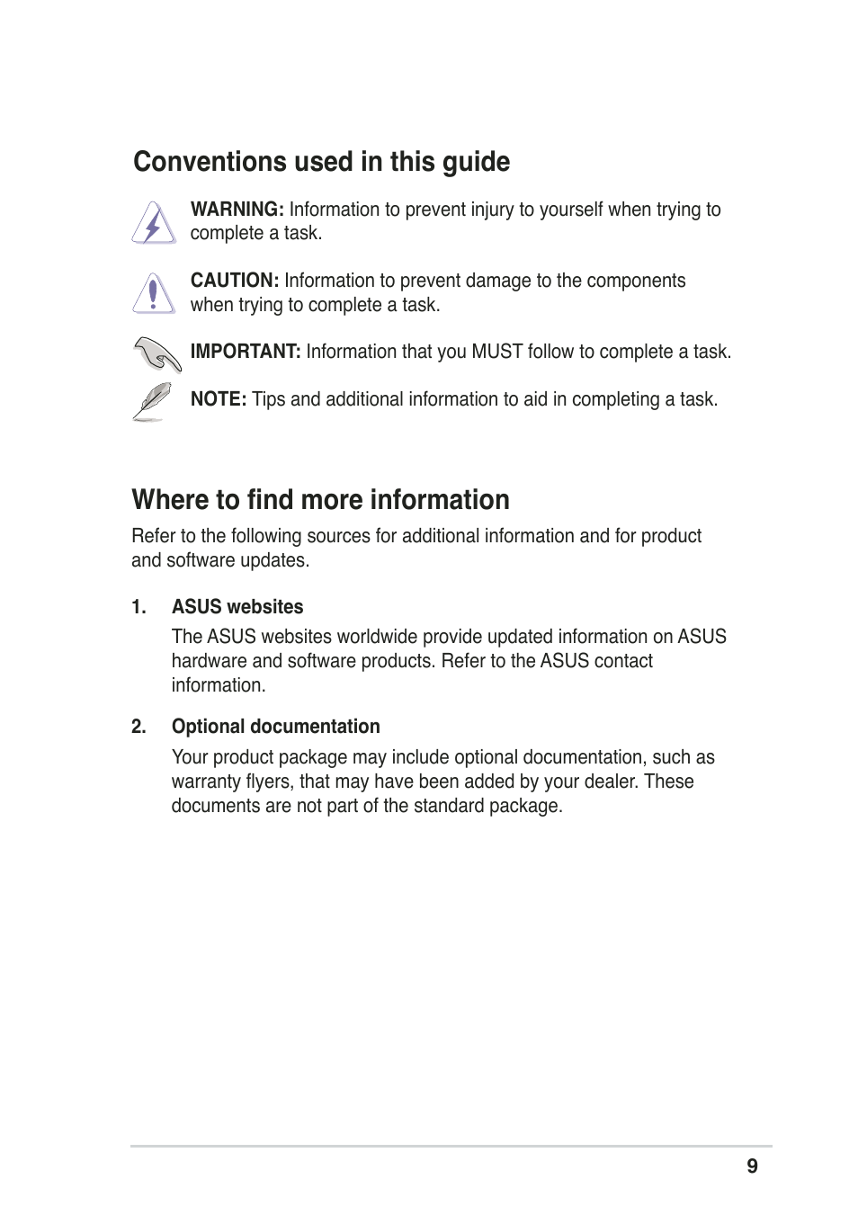 Conventions used in this guide, Where to find more information | Asus Pundit-R User Manual | Page 9 / 94