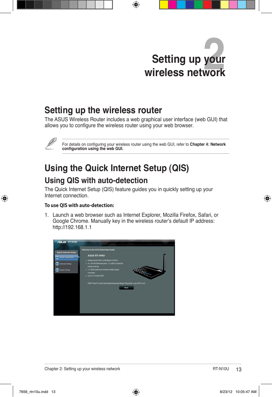 Setting up your wireless network, Using qis with auto-detection | Asus RT-N10U (VER.B1) User Manual | Page 13 / 72