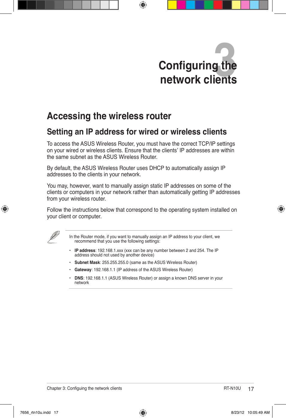 Configuring the network clients, Accessing the wireless router | Asus RT-N10U (VER.B1) User Manual | Page 17 / 72