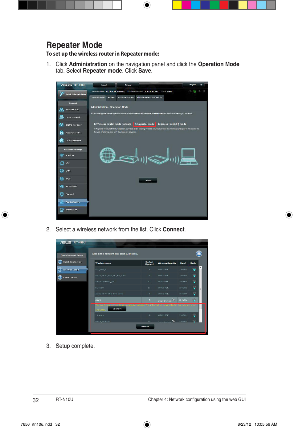 Repeater mode | Asus RT-N10U (VER.B1) User Manual | Page 32 / 72