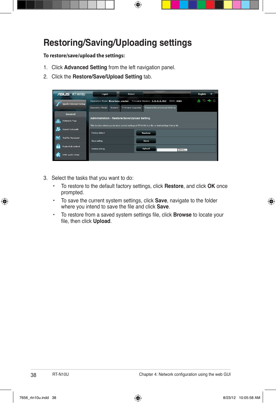 Restoring/saving/uploading settings | Asus RT-N10U (VER.B1) User Manual | Page 38 / 72