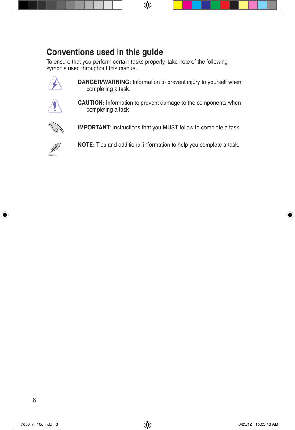 Conventions used in this guide | Asus RT-N10U (VER.B1) User Manual | Page 6 / 72