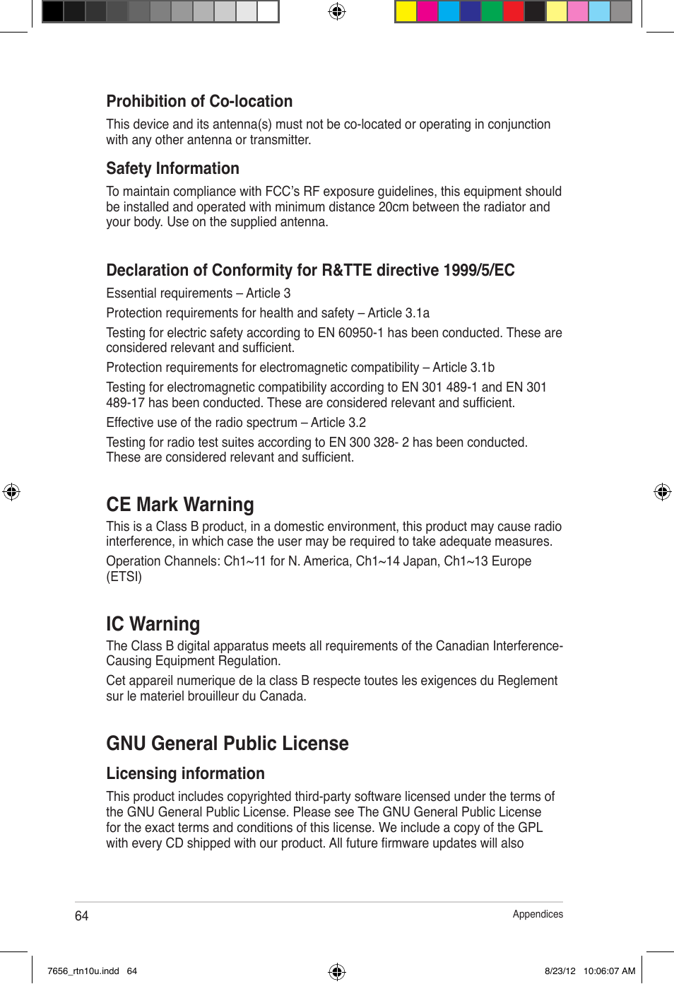 Ce mark warning, Ic warning, Gnu general public license | Asus RT-N10U (VER.B1) User Manual | Page 64 / 72