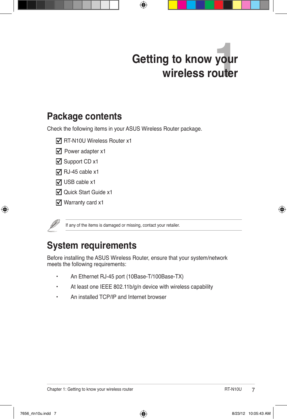 Package contents, System requirements, Getting to know your wireless router | Package contents system requirements | Asus RT-N10U (VER.B1) User Manual | Page 7 / 72