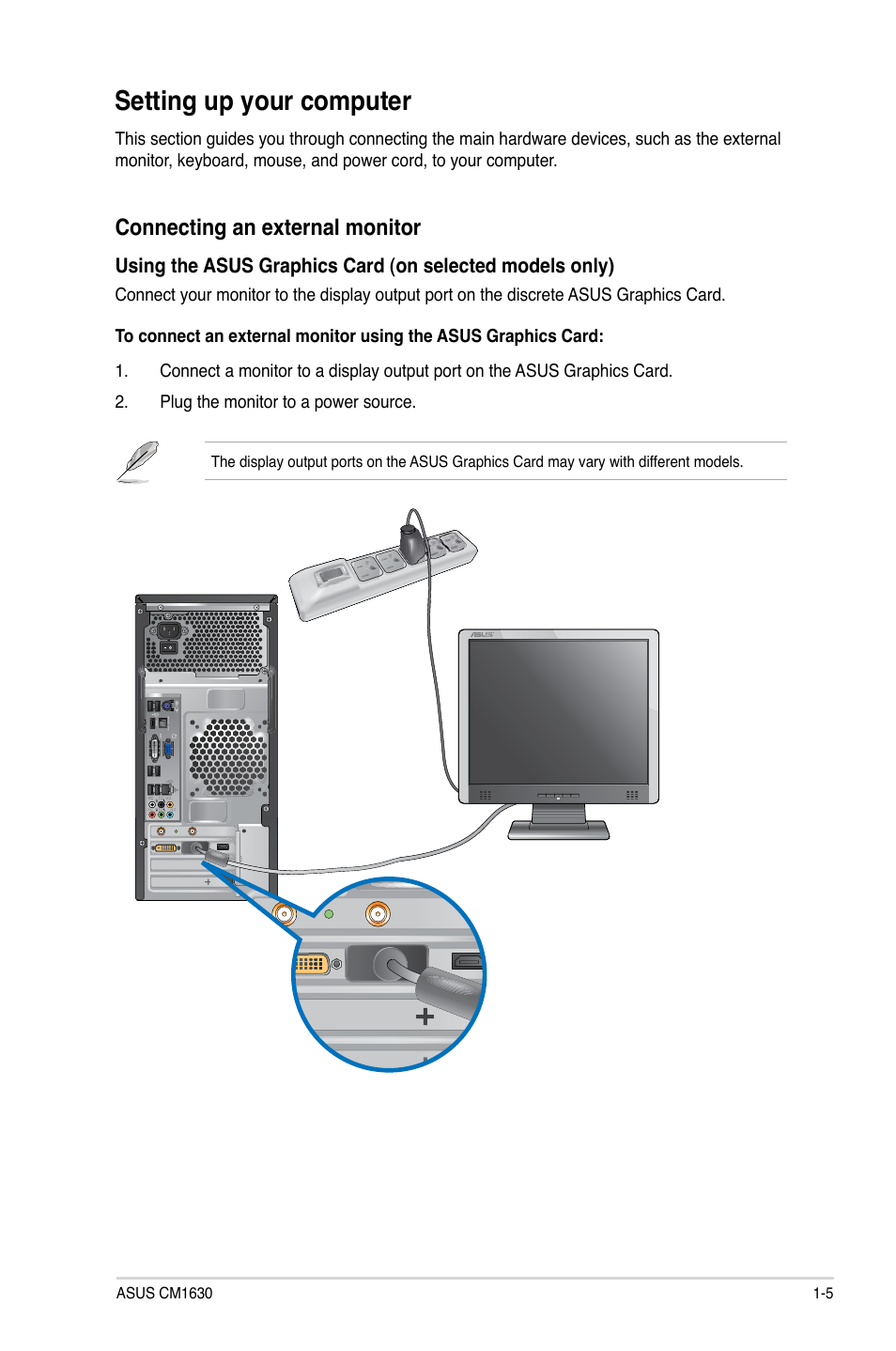 Setting up your computer, Setting up your computer -5, Connecting an external monitor | Asus CM1630 User Manual | Page 14 / 71