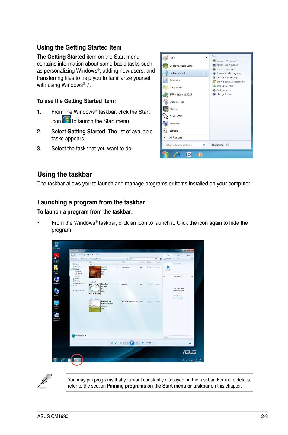 Using the taskbar | Asus CM1630 User Manual | Page 20 / 71