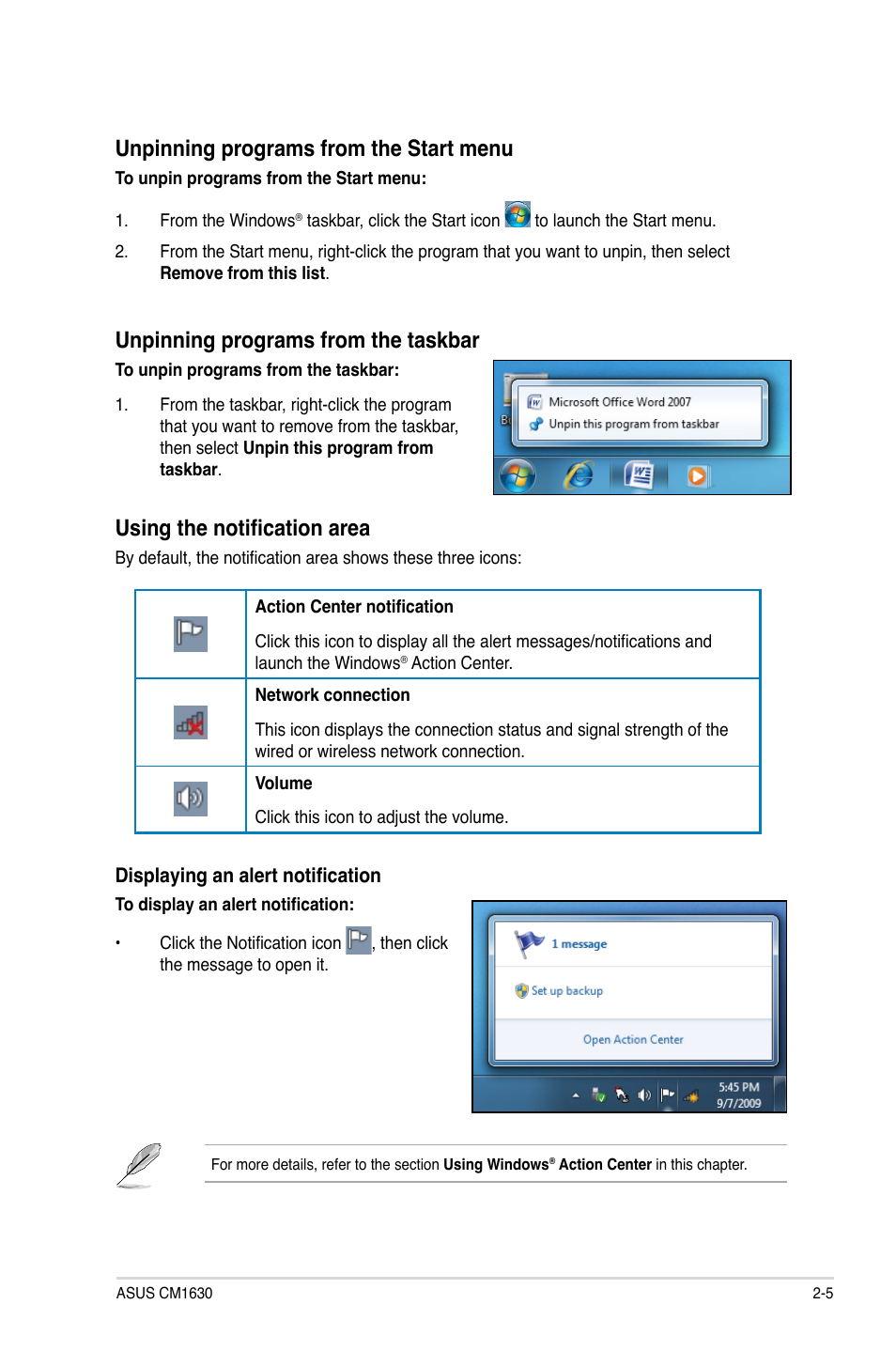 Unpinning programs from the start menu, Unpinning programs from the taskbar, Using the notification area | Asus CM1630 User Manual | Page 22 / 71