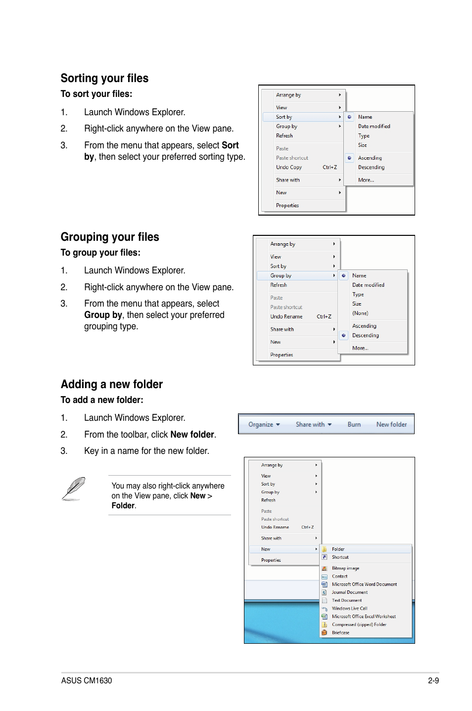 Sorting your files, Grouping your files, Adding a new folder | Asus CM1630 User Manual | Page 26 / 71