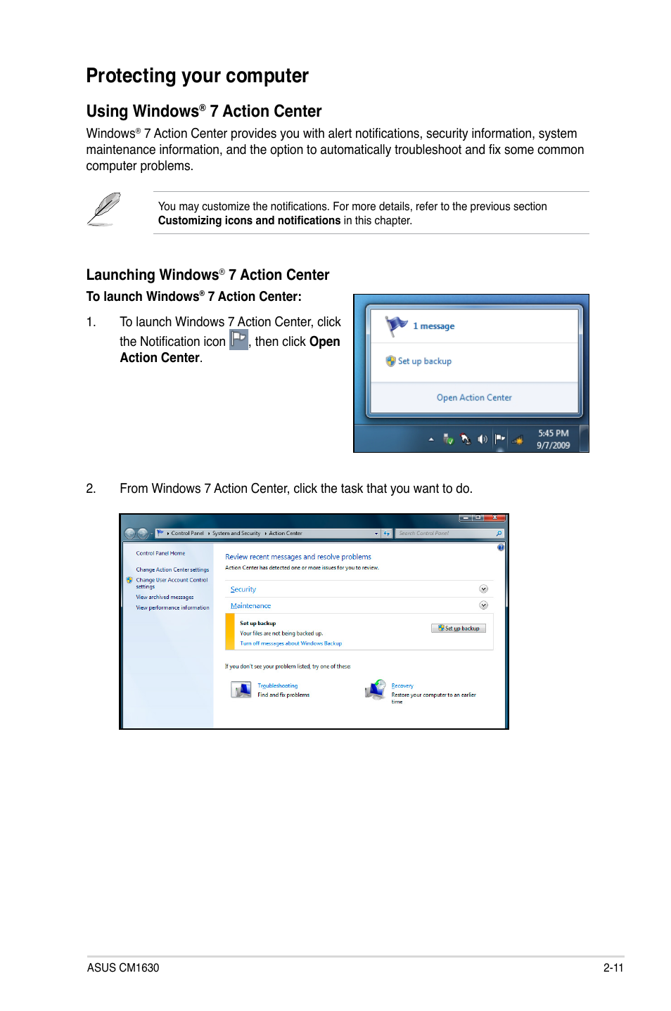 Protecting your computer, Protecting your computer -11, Using windows | 7 action center | Asus CM1630 User Manual | Page 28 / 71